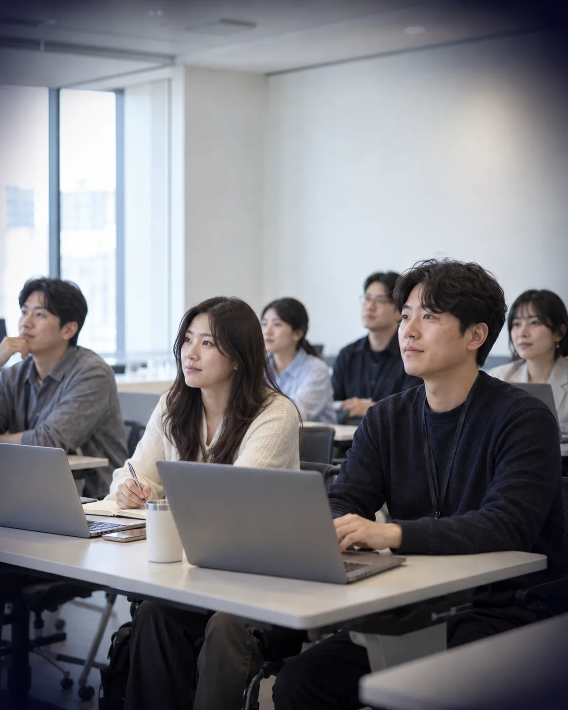 AI 오프라인 교육에서 노트북으로 AI 실무를 실습하는 직장인들
